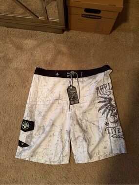 Affliction White and Black Graphic Men’s Swim Board Shorts